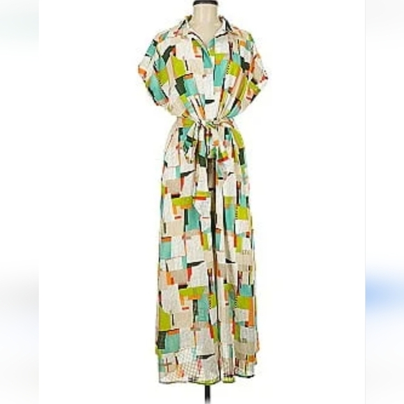 LDT Dresses & Skirts - LDT Darcy Patch Print Point Collar Short Sleeve Front Slit Maxi Shirt Dress